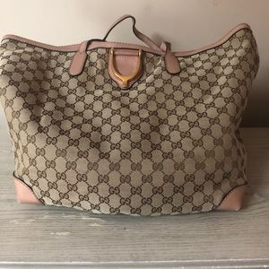 Genuine Gucci Monogrammed Fabric Tote With Dusty Pink Leather Accents